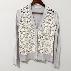 LOFT Button Down Cardigan with White Crochet Lace Overlay Womens Size Small
